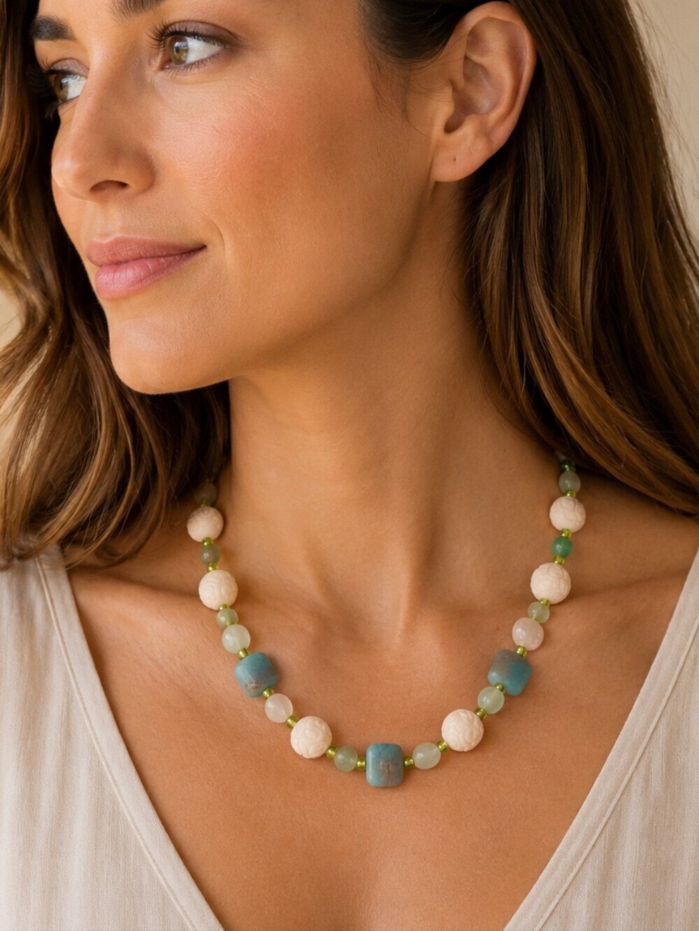 HANDMADE Amazonite Rose Quartz and Glass Beaded Necklace